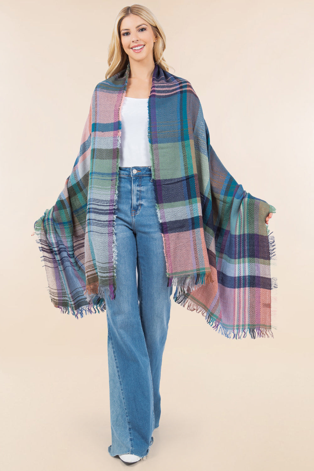 OA-98B1 plaid design shawl