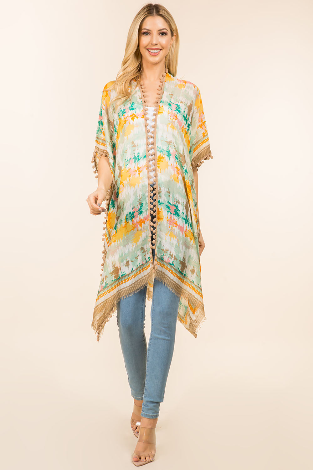 KP-0001 multi color kimono with pompom
