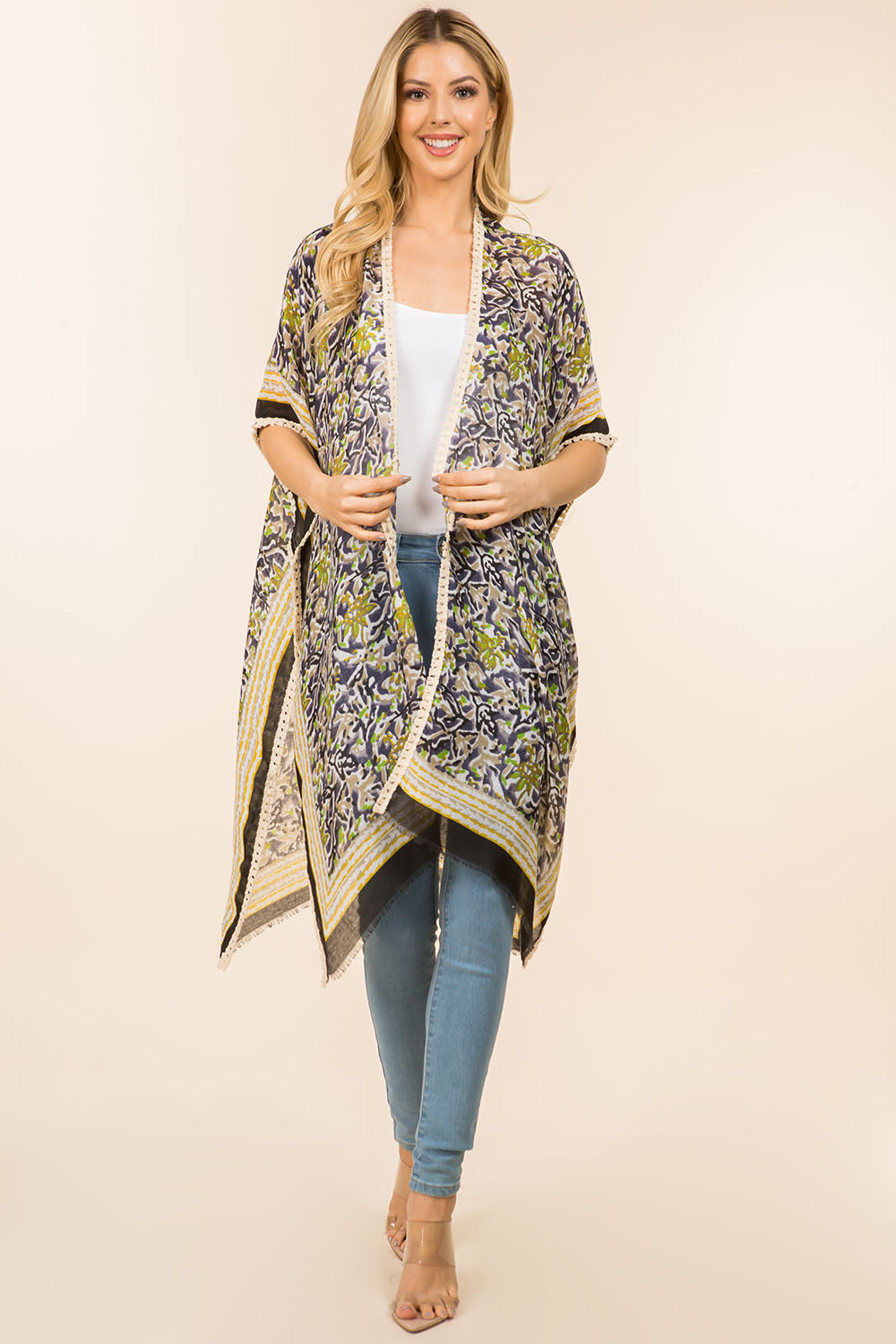 KP-4007 floral kimono with tassels