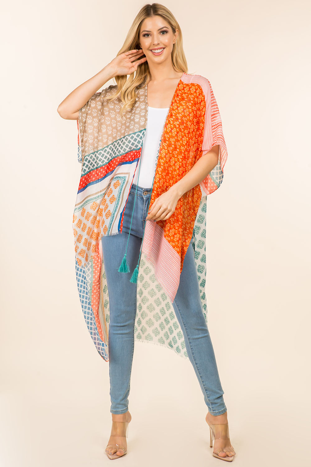 KP-4008 multi geometric design kimono front tie tassels