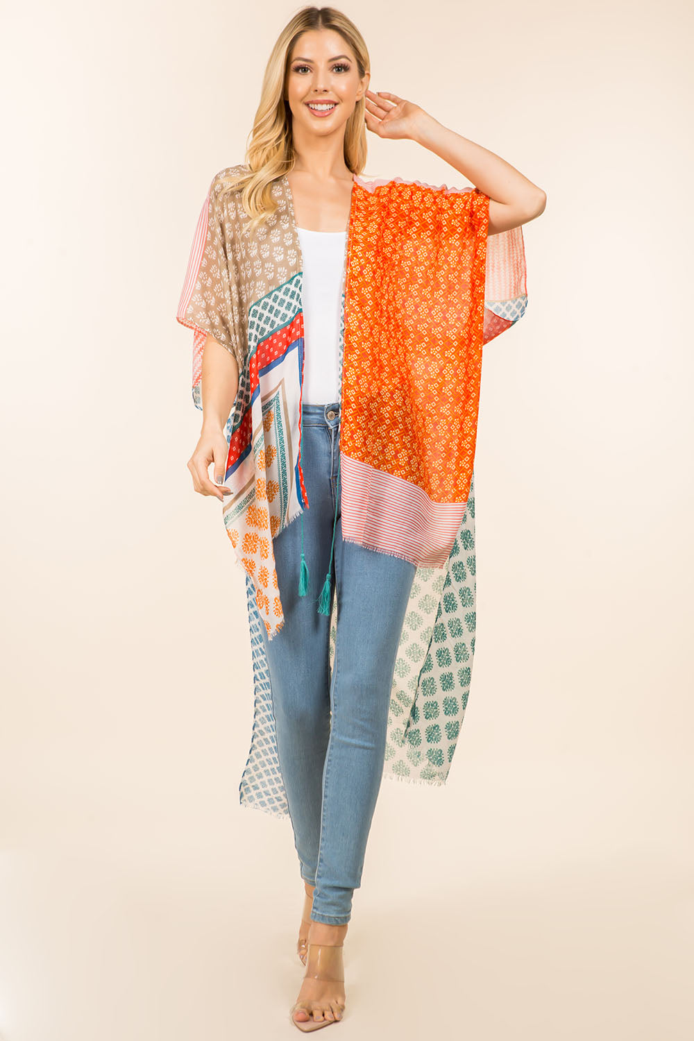KP-4008 multi geometric design kimono front tie tassels