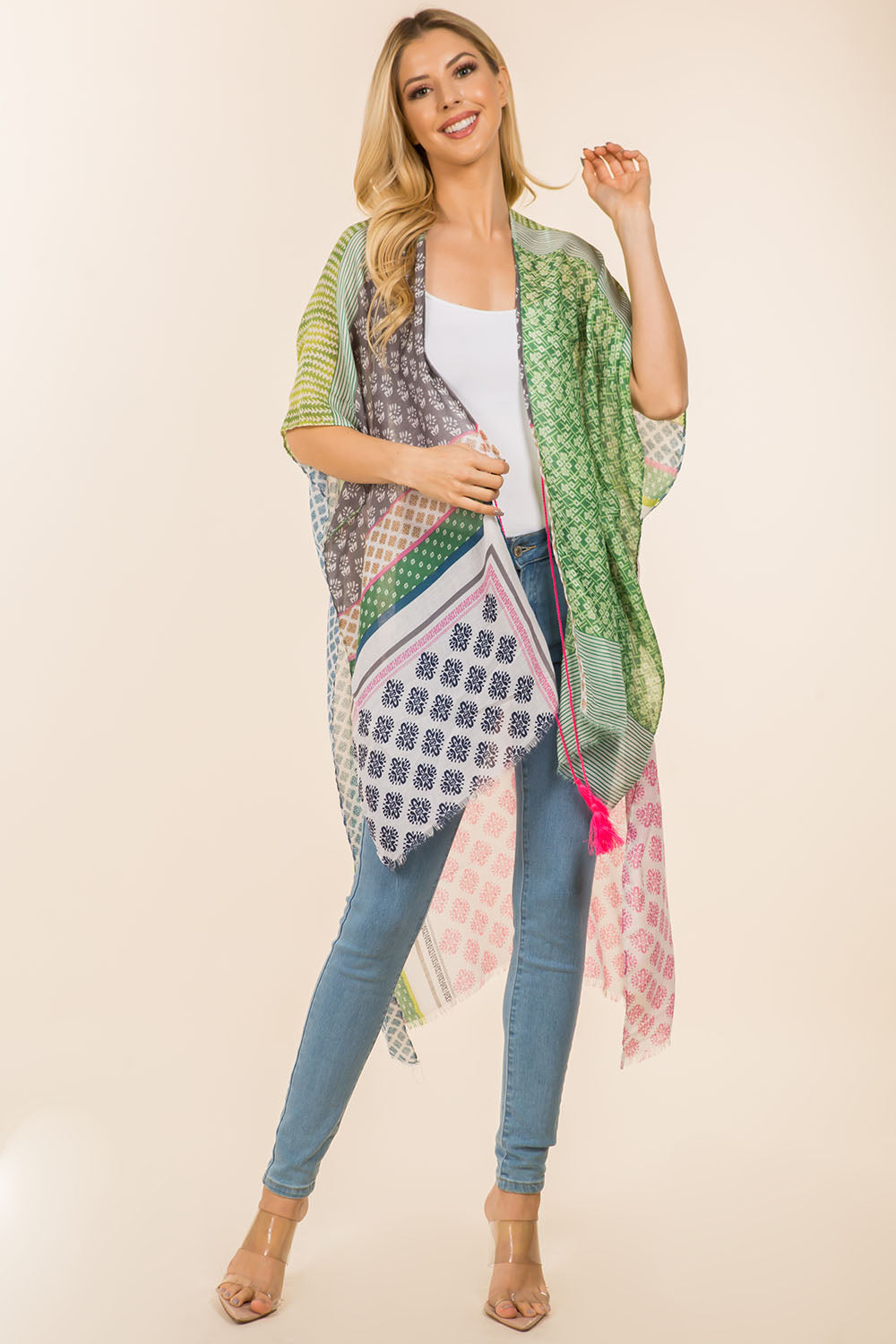 KP-4008 multi geometric design kimono front tie tassels