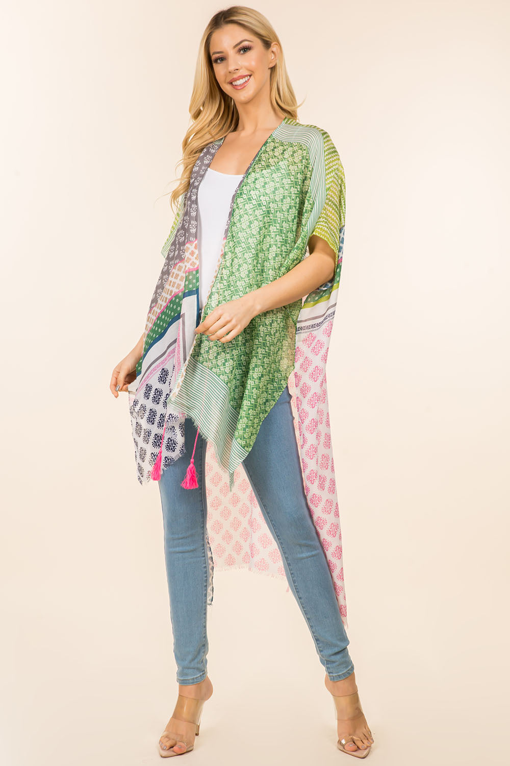 KP-4008 multi geometric design kimono front tie tassels