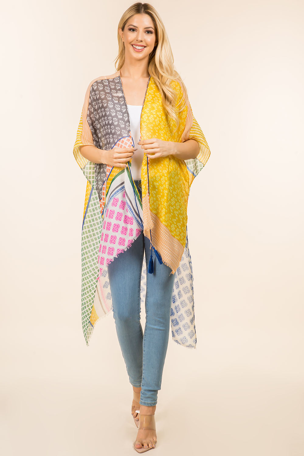 KP-4008 multi geometric design kimono front tie tassels