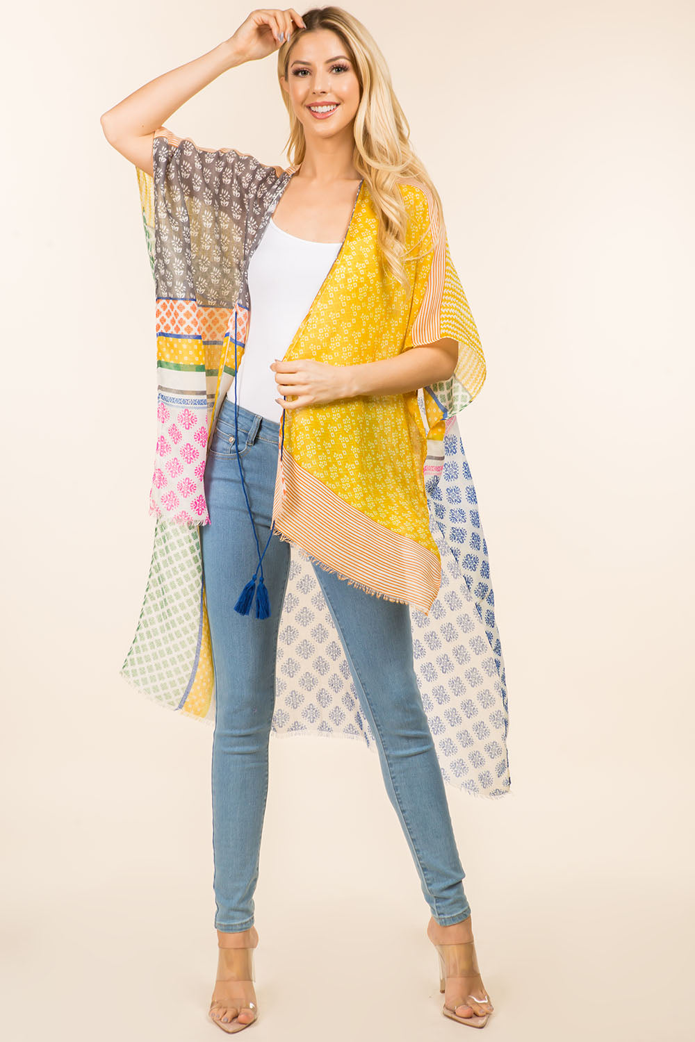 KP-4008 multi geometric design kimono front tie tassels