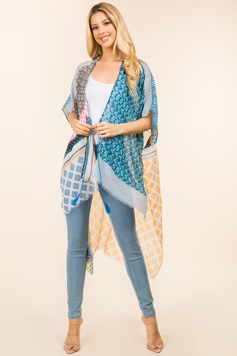 KP-4008 multi geometric design kimono front tie tassels