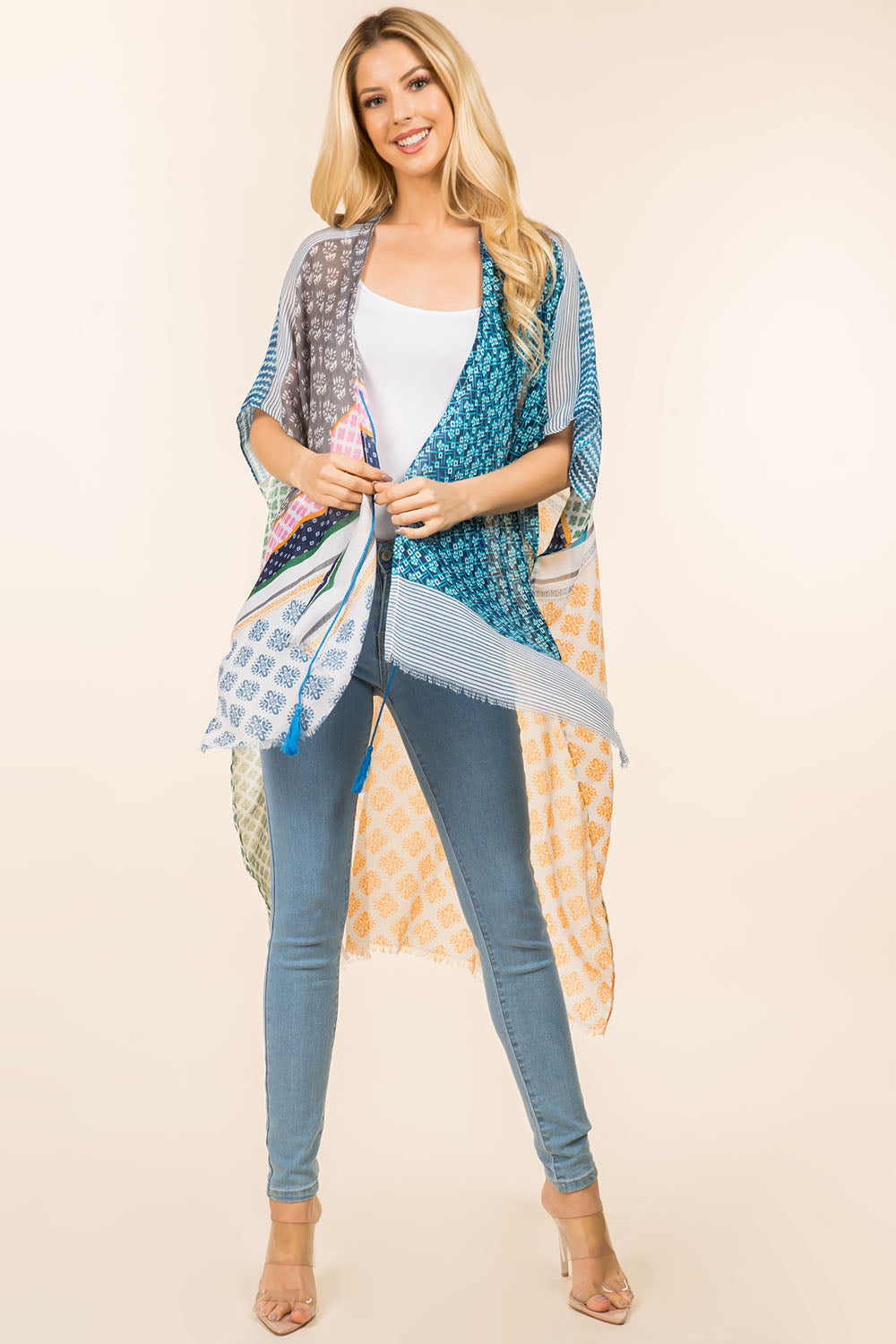 KP-4008 multi geometric design kimono front tie tassels
