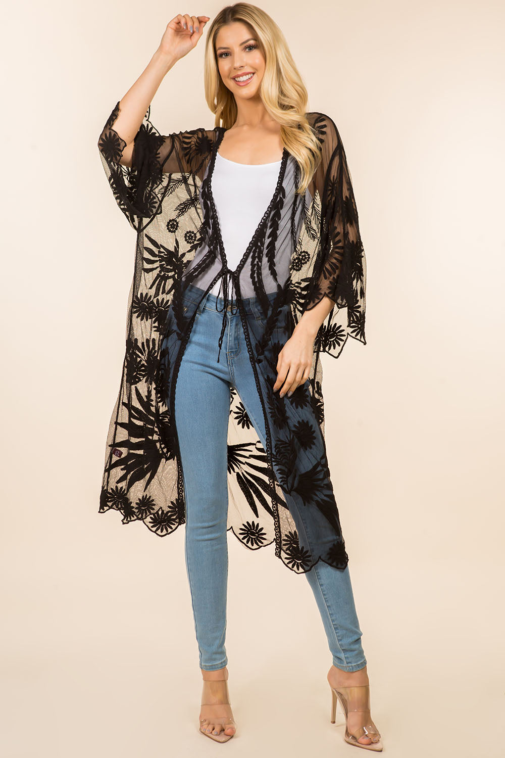 KP-4140 long kimono with lace design