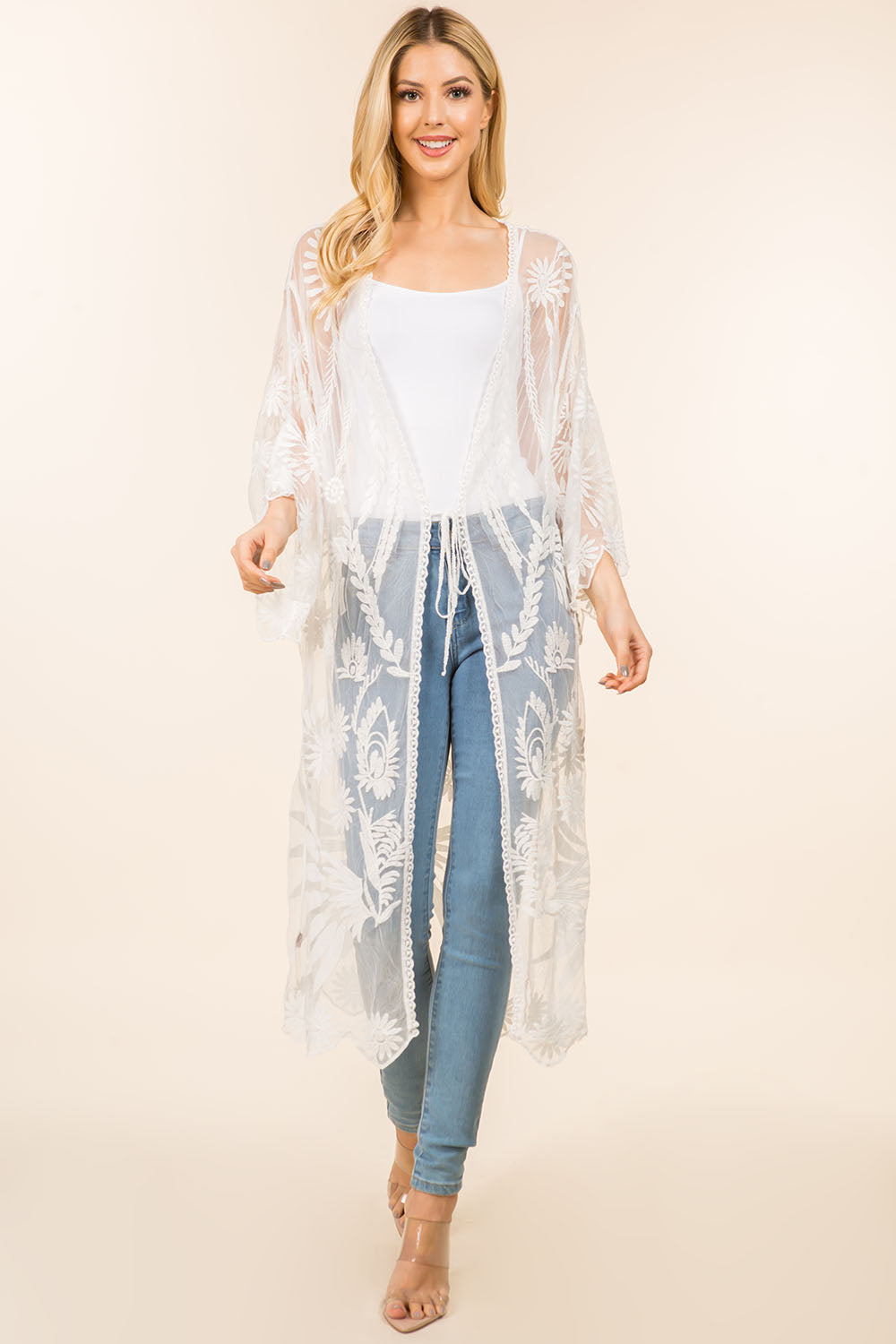 KP-4140 long kimono with lace design