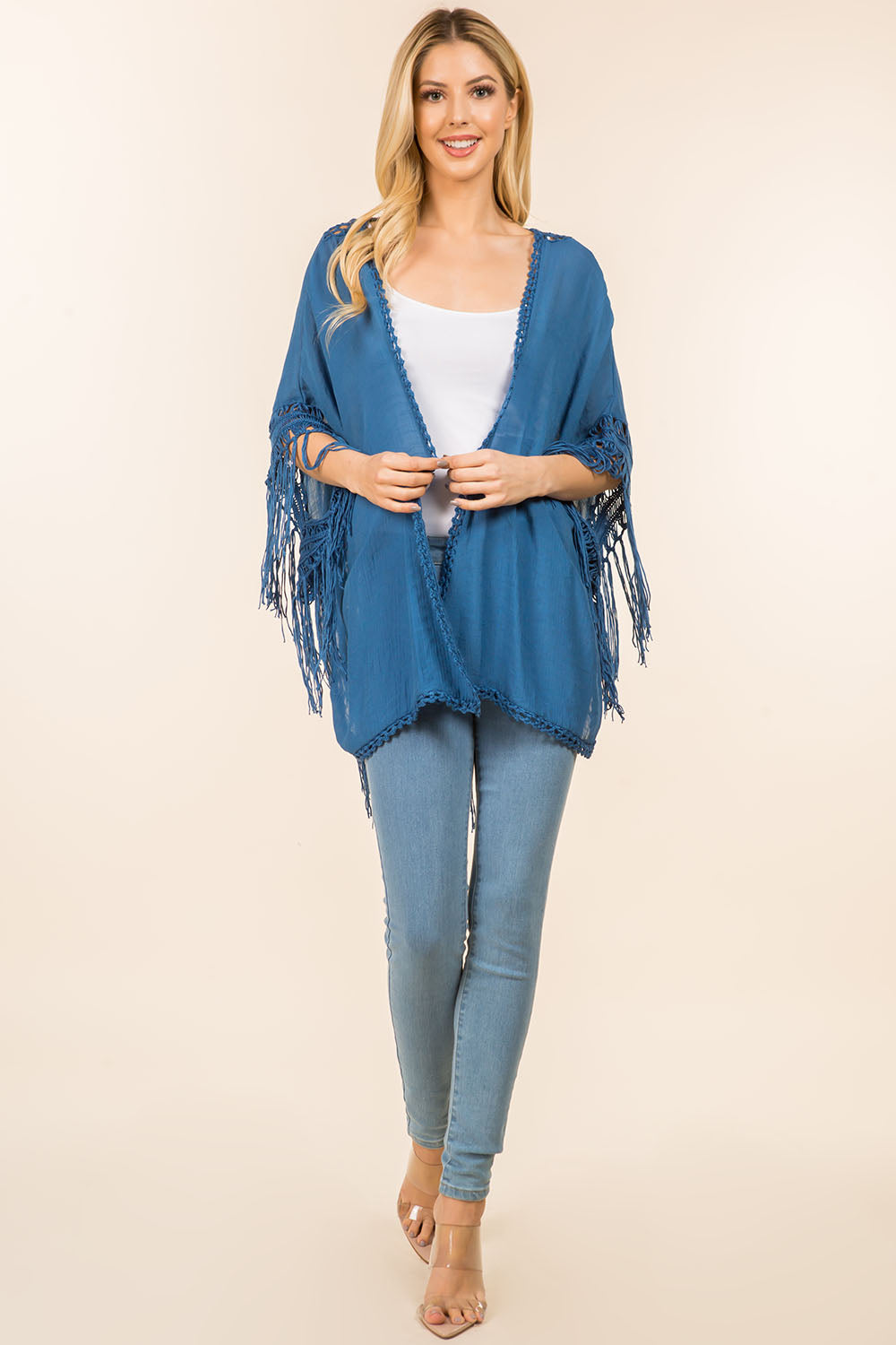 KP-4142 solid color kimono with crochet detail back design