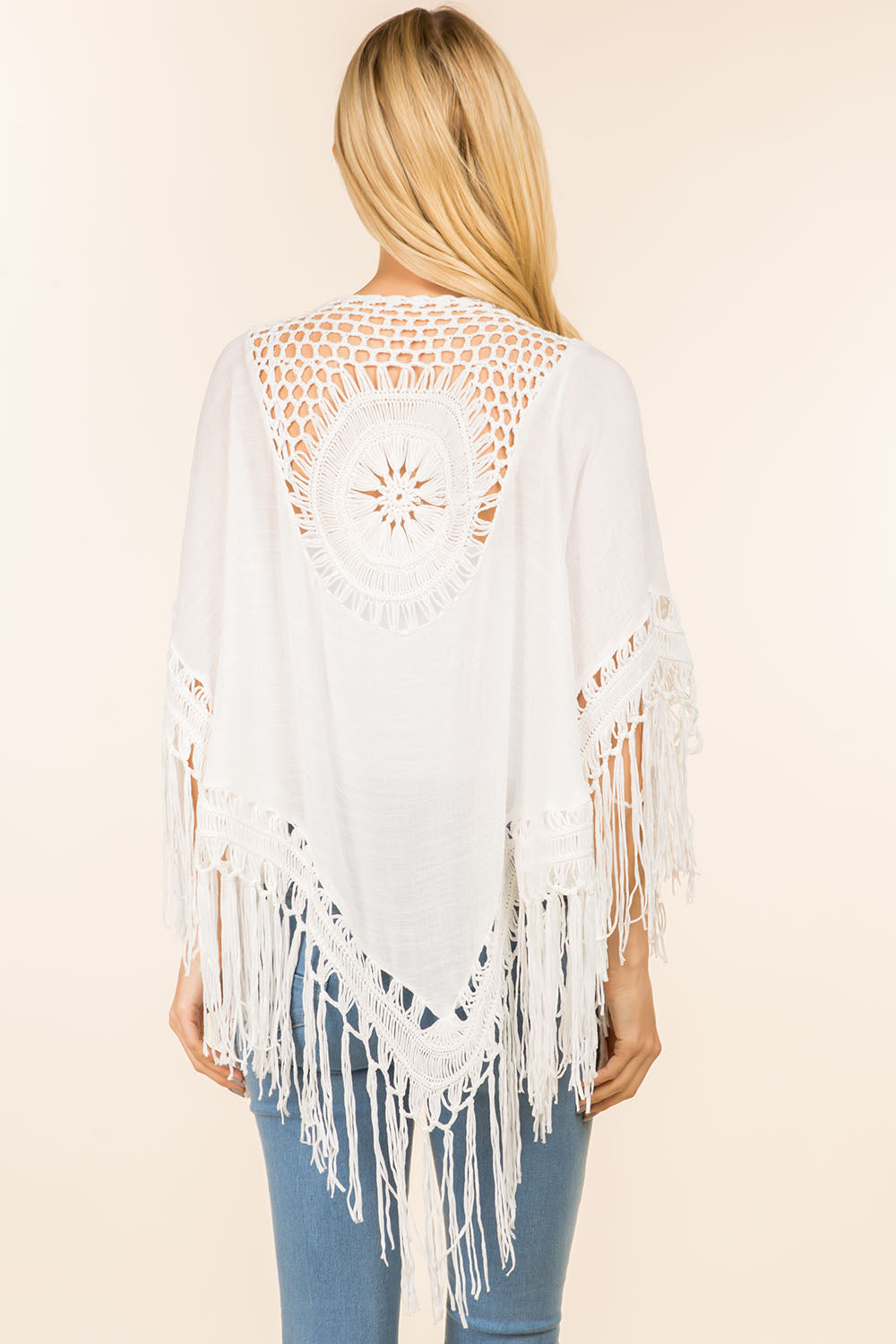 KP-4142 solid color kimono with crochet detail back design