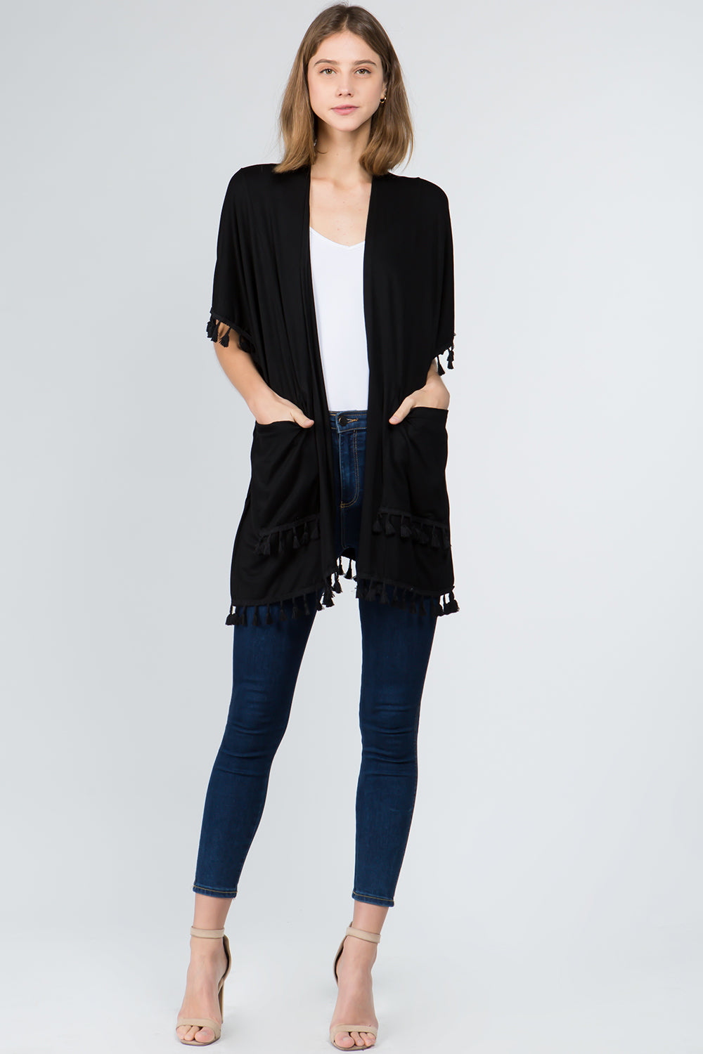 KR-9771 solid color kimono with pockets&tassels