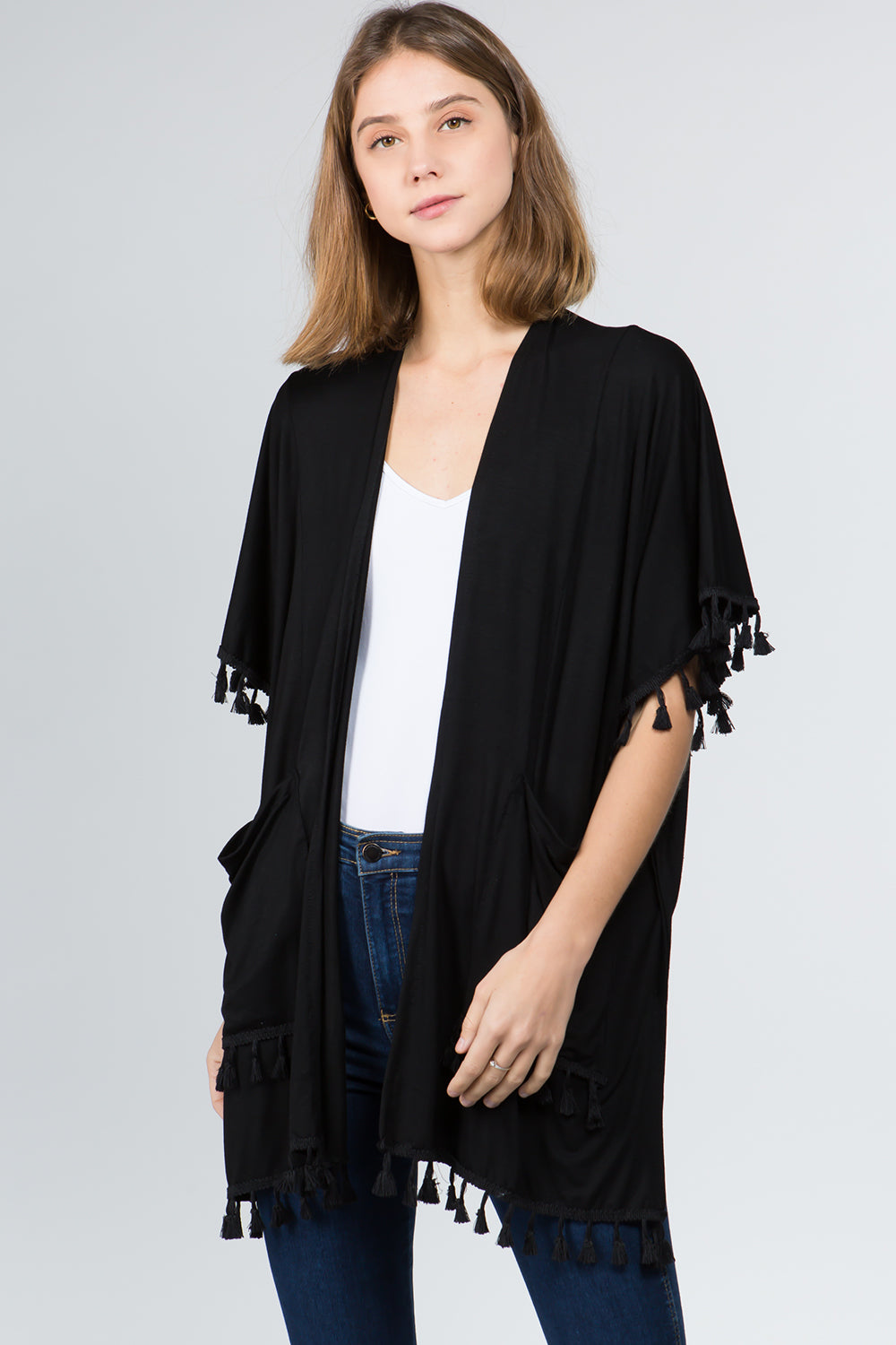 KR-9771 solid color kimono with pockets&tassels