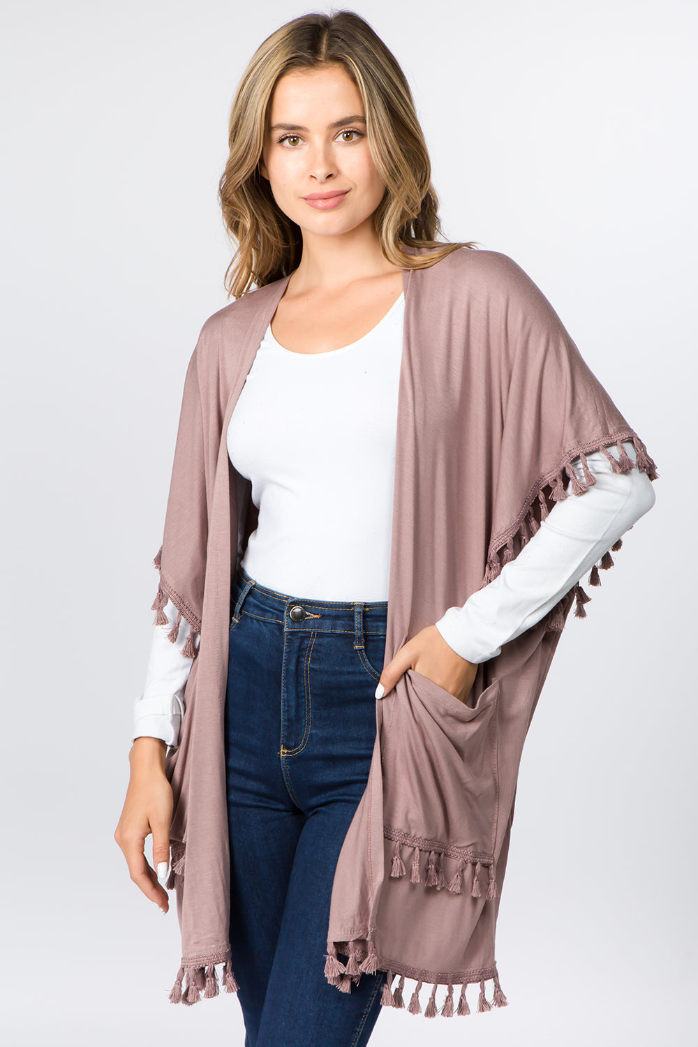KR-9771 solid color kimono with pockets&tassels
