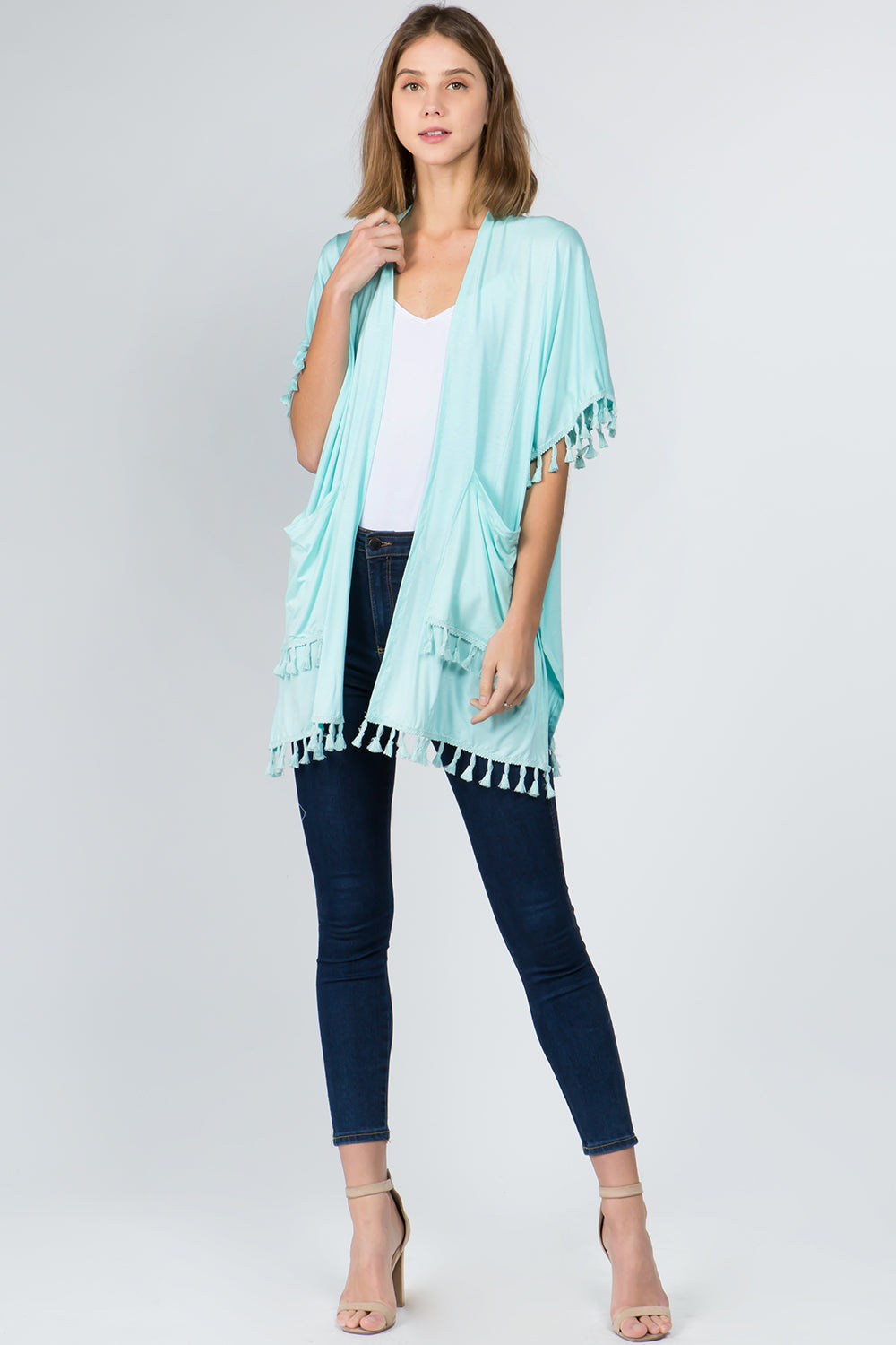 KR-9771 solid color kimono with pockets&tassels