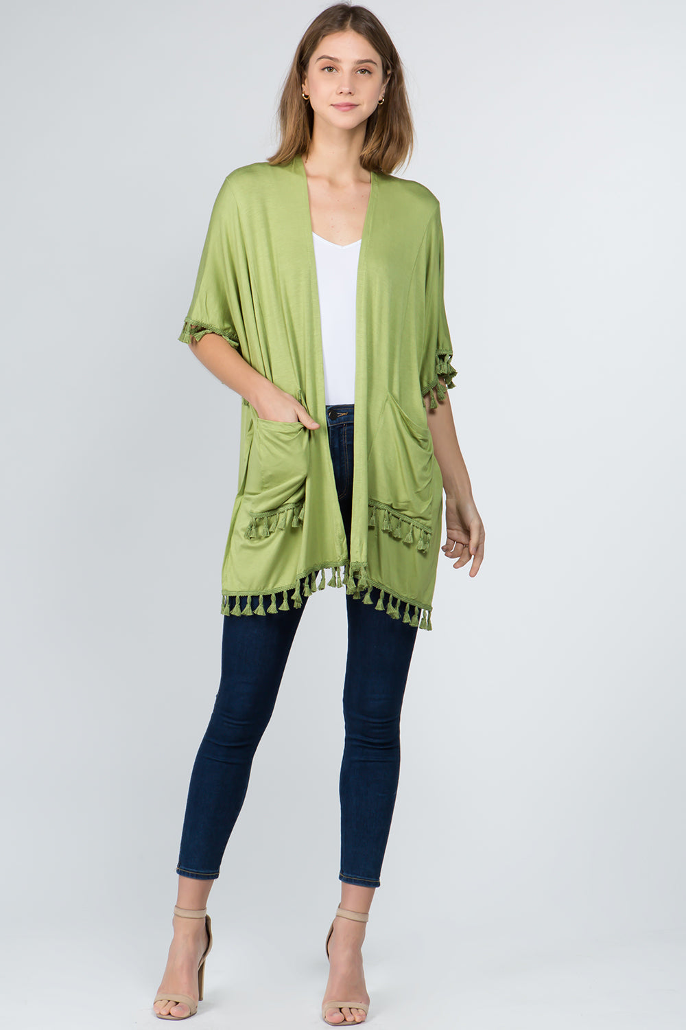 KR-9771 solid color kimono with pockets&tassels