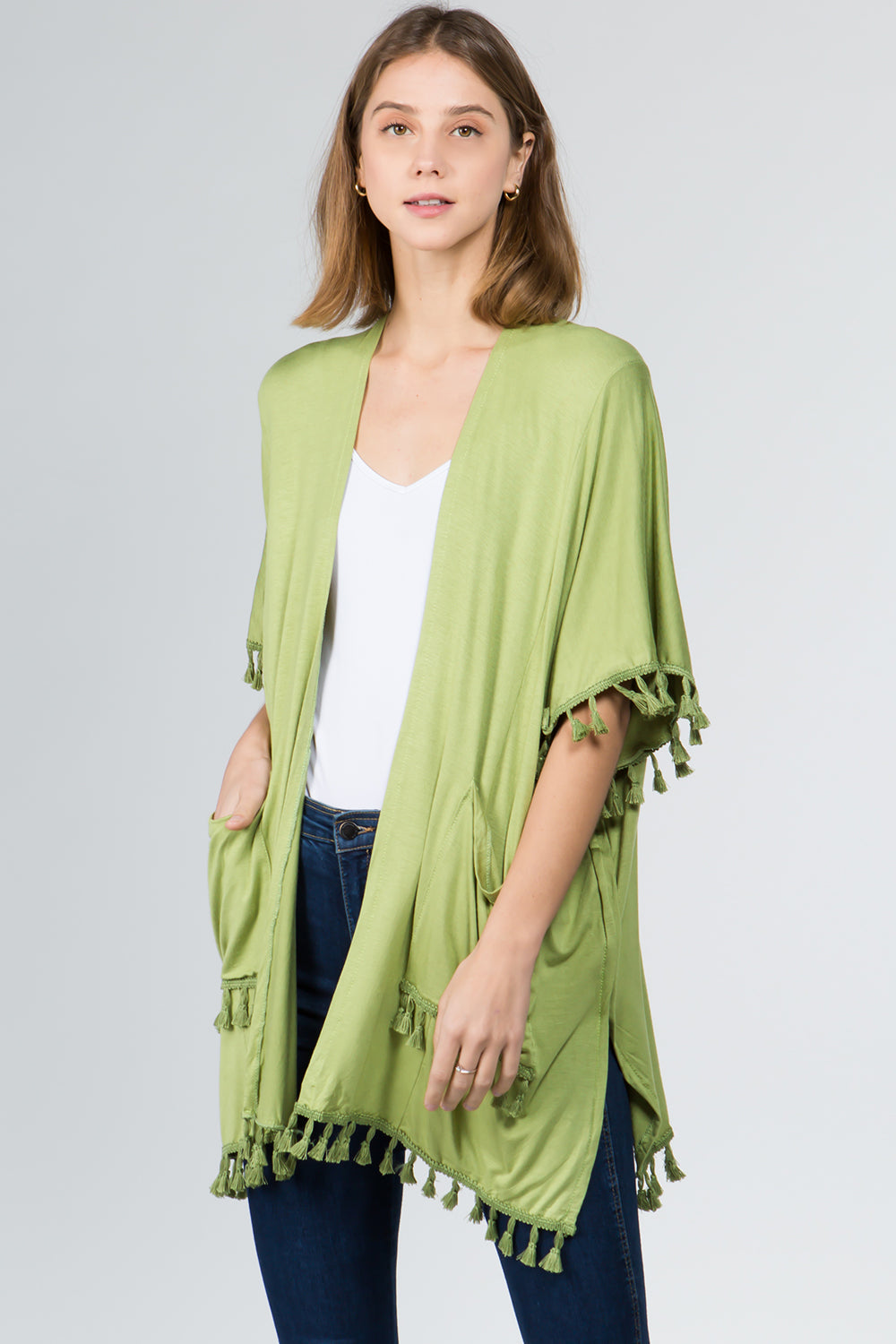 KR-9771 solid color kimono with pockets&tassels