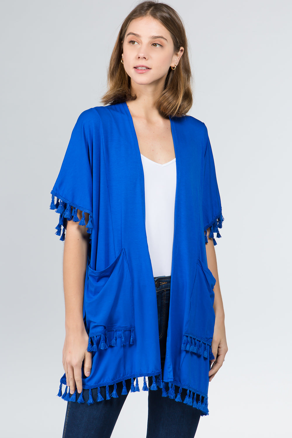 KR-9771 solid color kimono with pockets&tassels