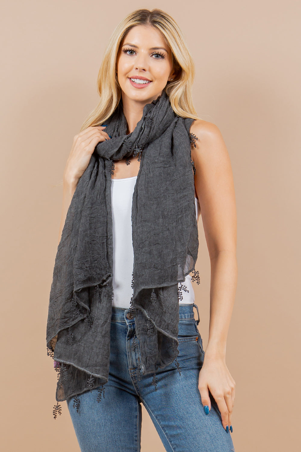 OA-4293 solid scarf with lace