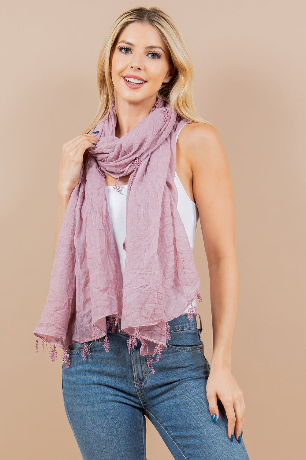 OA-4293 solid scarf with lace