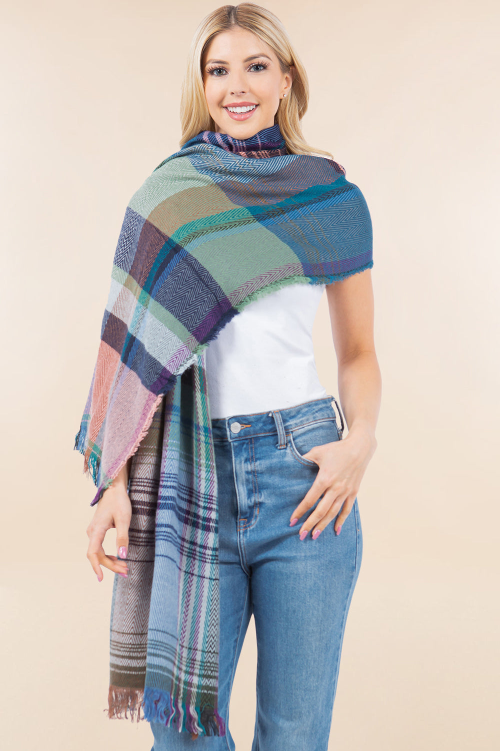 OA-98B1 plaid design shawl