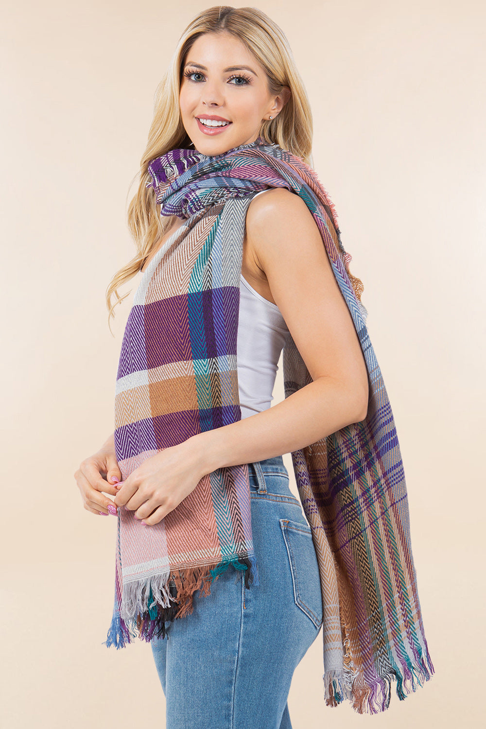 OA-98B1 plaid design shawl