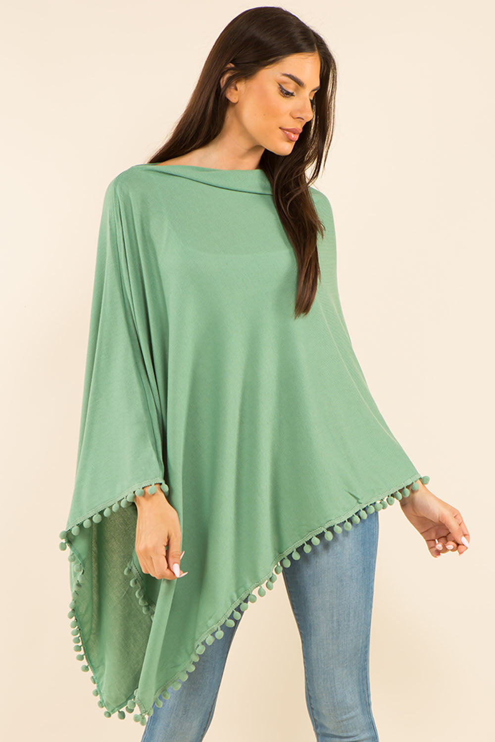 PA-9442 solid poncho with pompom