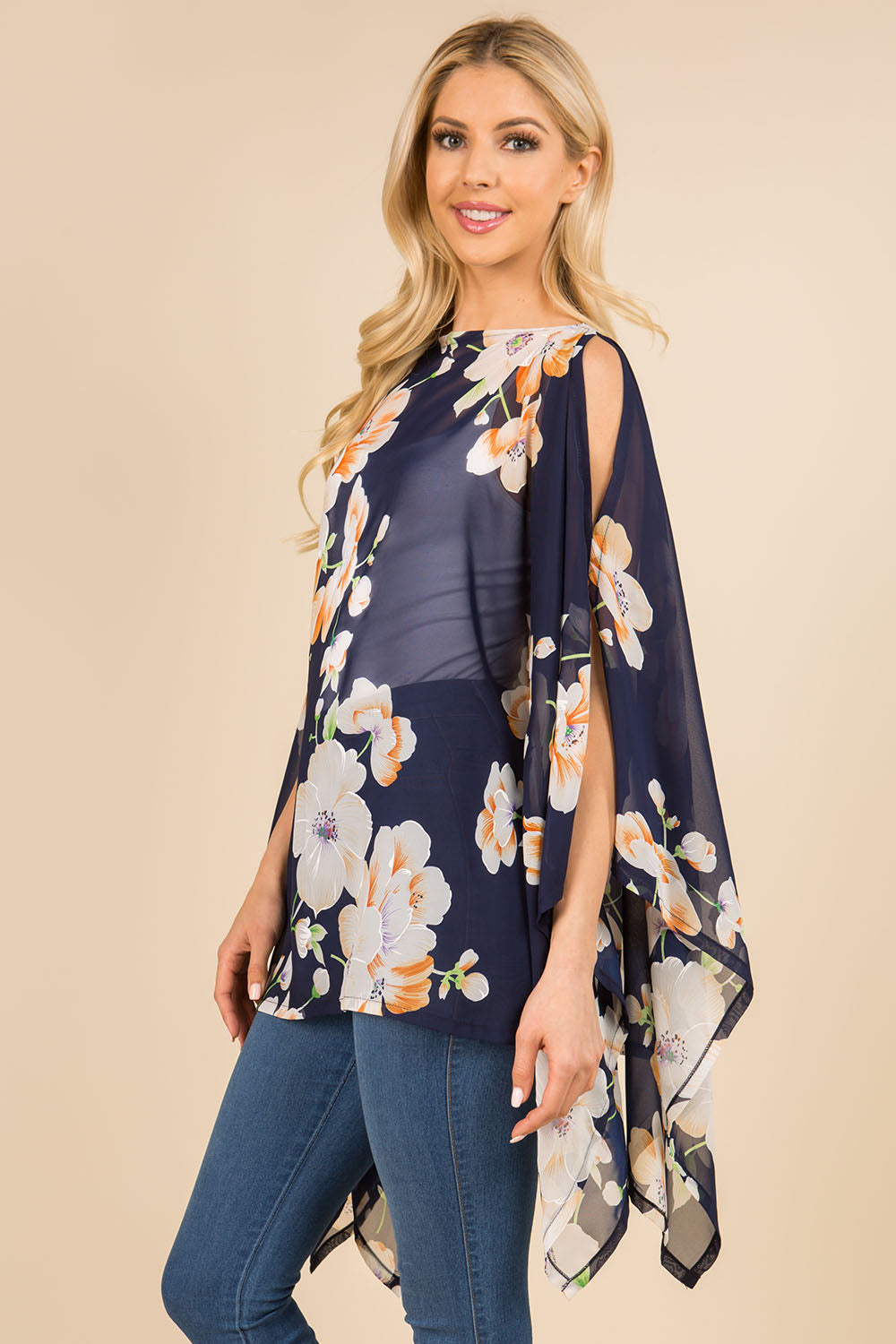 PP-3120 bright color floral poncho with open shoulder