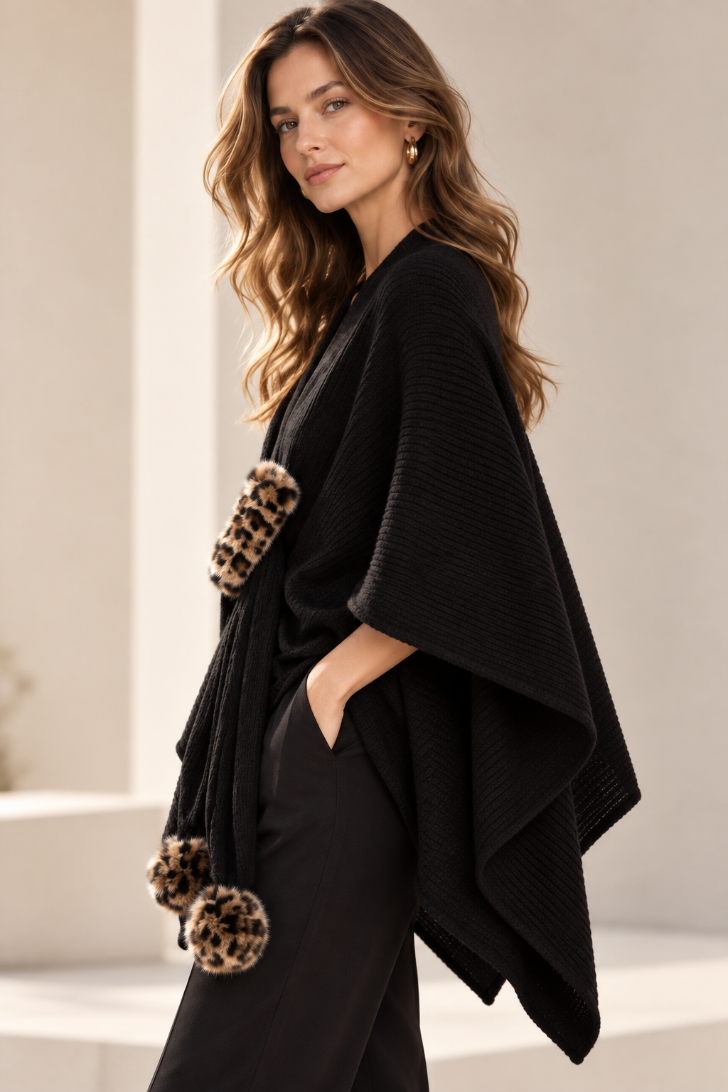 Leopard Pom Pom Shawl GAS-4350