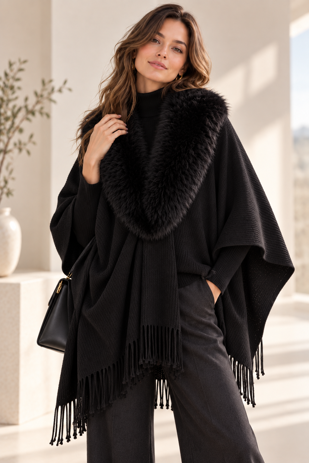Faux Fur Collar Shawl GAS-4354
