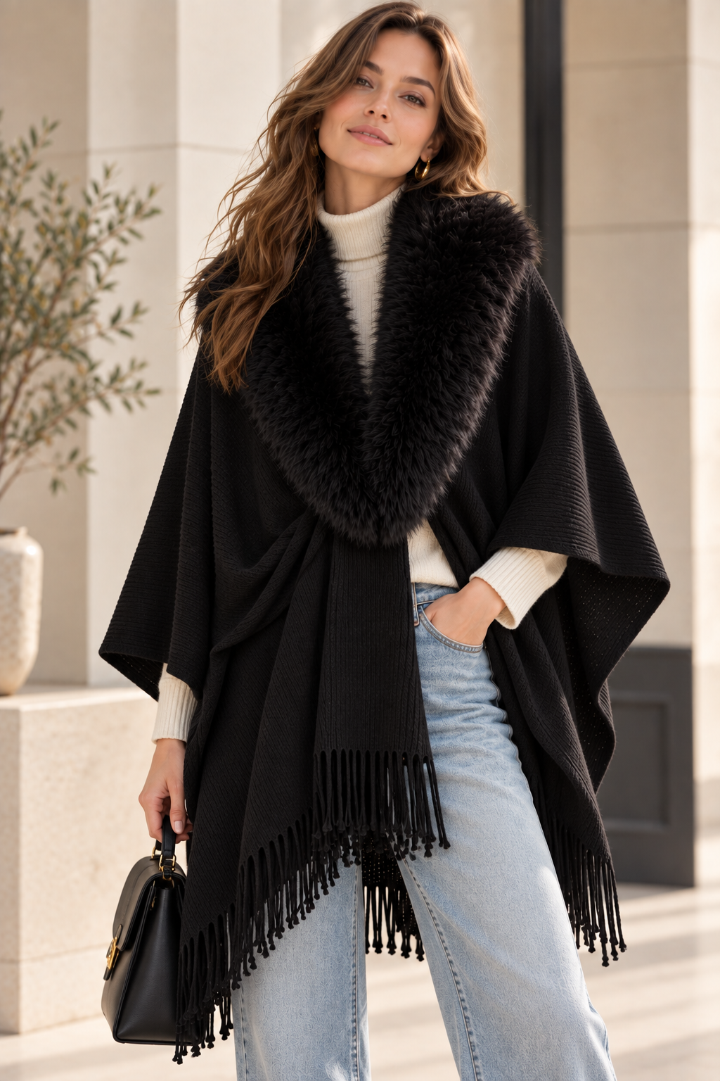 Faux Fur Collar Shawl GAS-4354