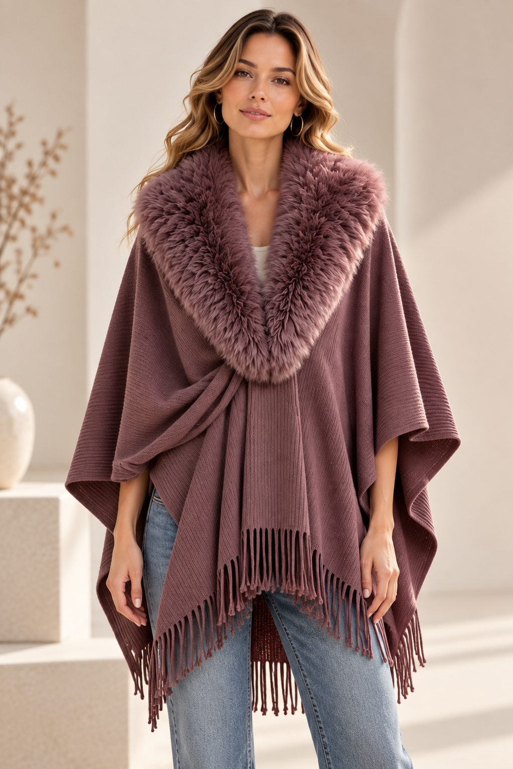 Faux Fur Collar Shawl GAS-4354