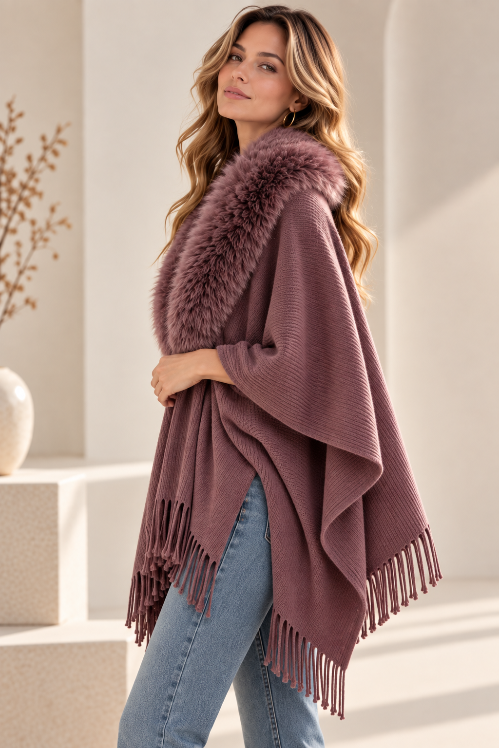 Faux Fur Collar Shawl GAS-4354