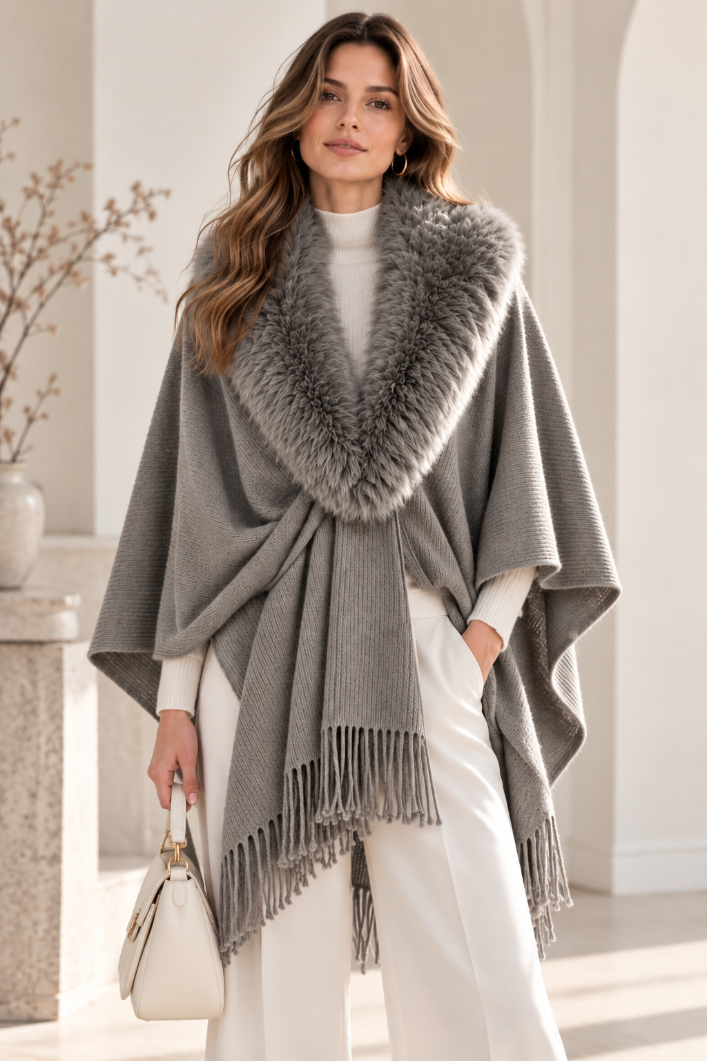 Faux Fur Collar Shawl GAS-4354