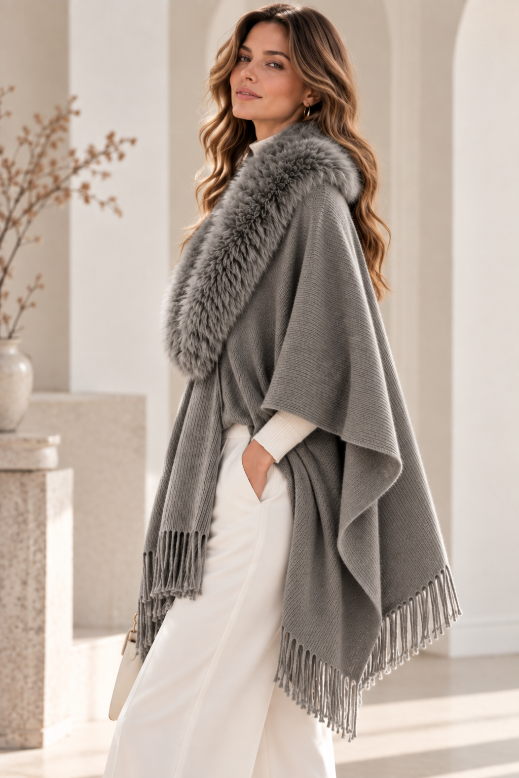 Faux Fur Collar Shawl GAS-4354