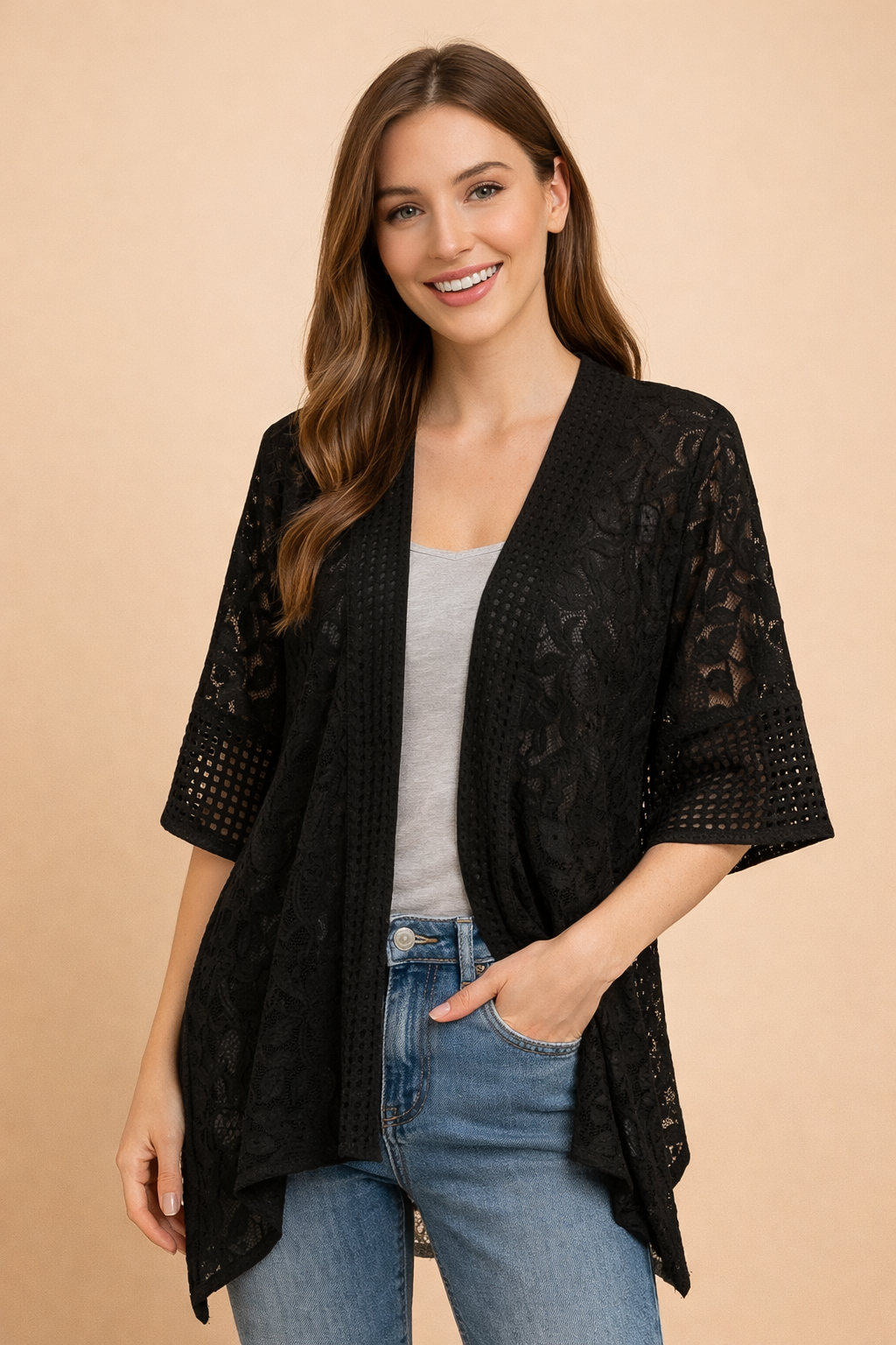 GPK-4337 Lace Knit Open Kimono