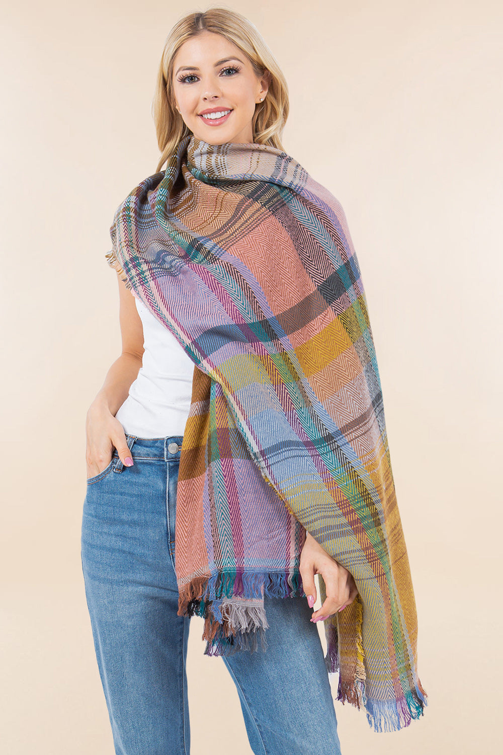 OA-98B1 plaid design shawl