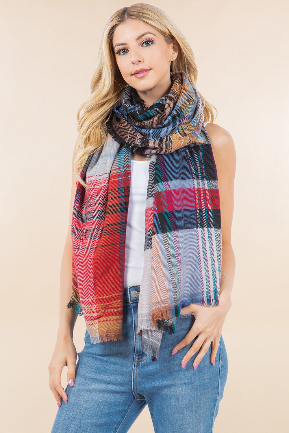 OA-98B1 plaid design shawl