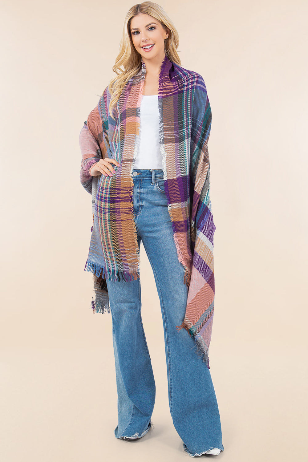 OA-98B1 plaid design shawl