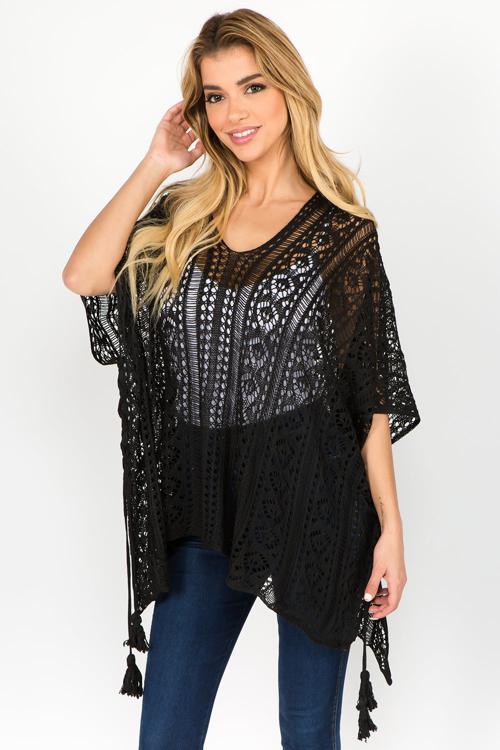 PA-1C75 Solid Color Crochet Poncho