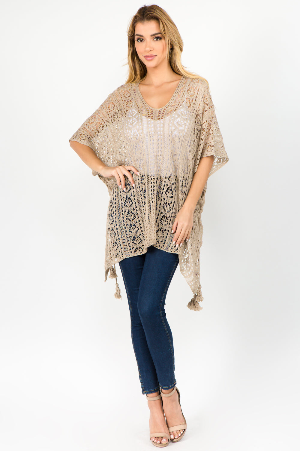 PA-1C75 Solid Color Crochet Poncho