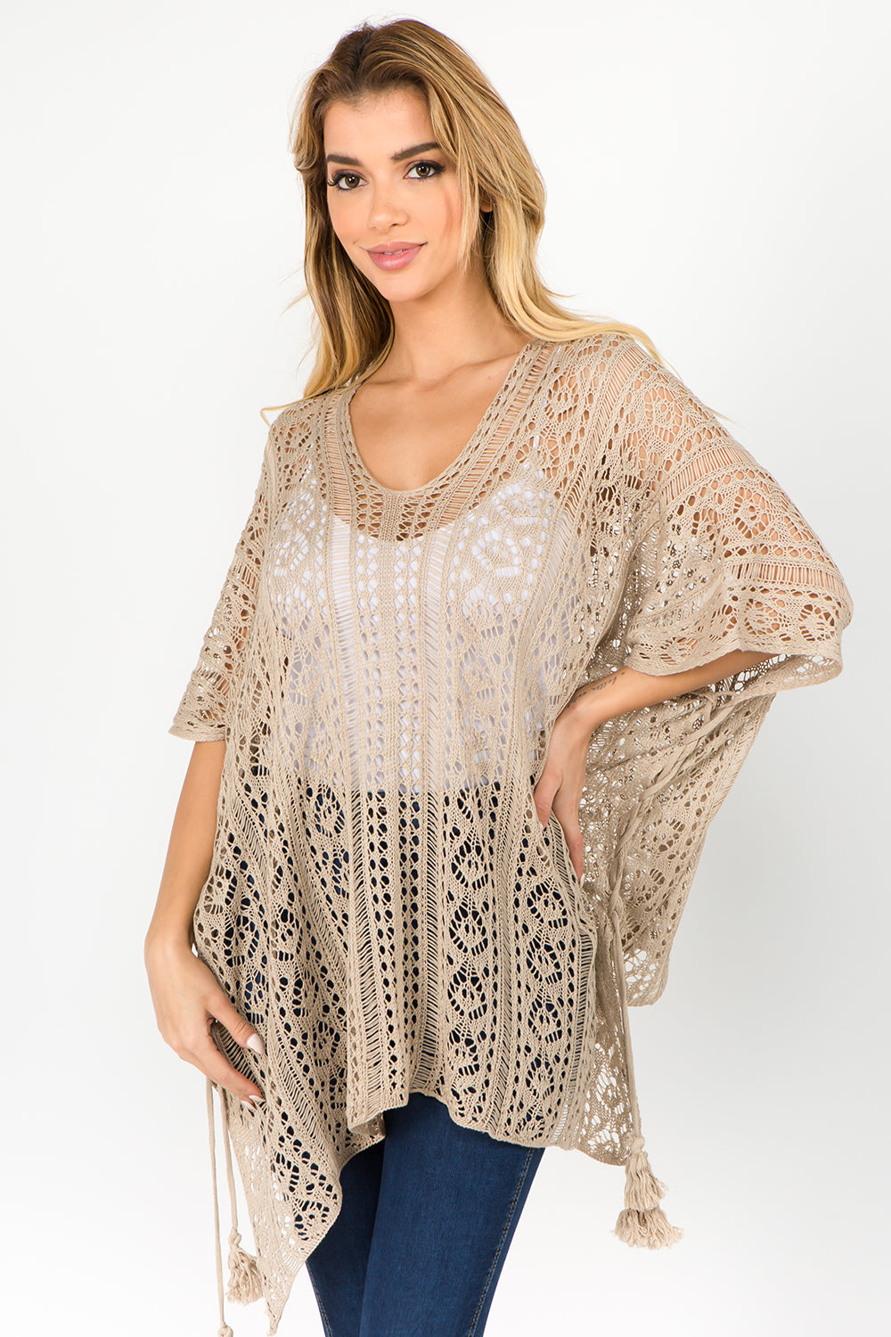 PA-1C75 Solid Color Crochet Poncho