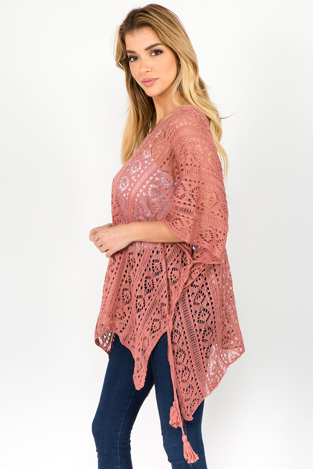 PA-1C75 Solid Color Crochet Poncho