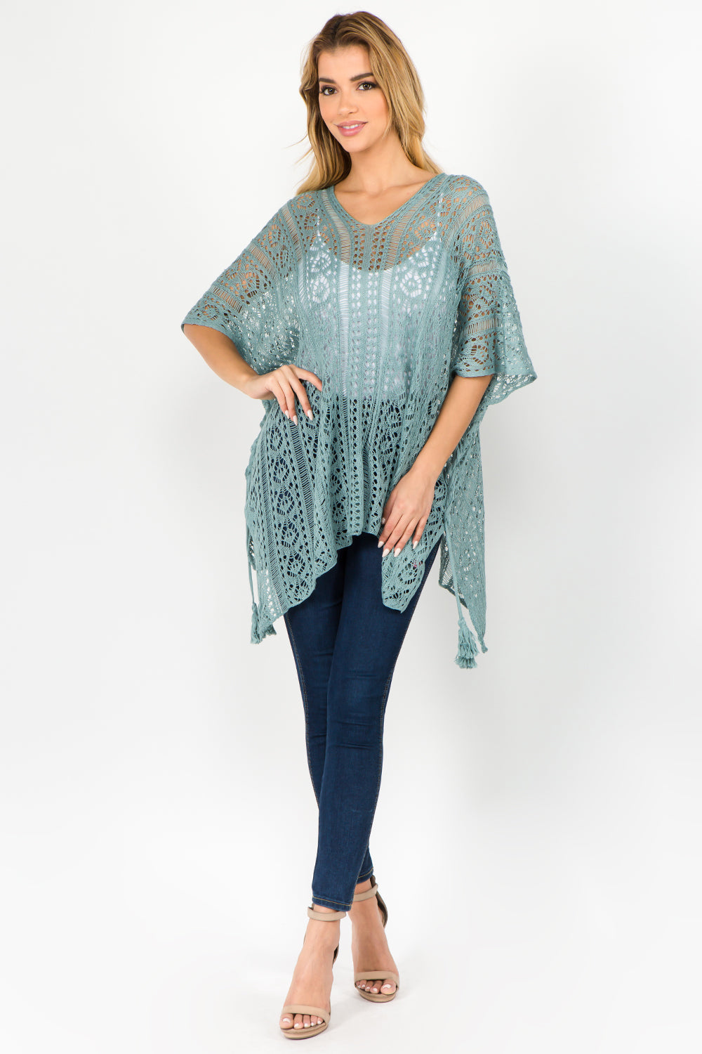 PA-1C75 Solid Color Crochet Poncho