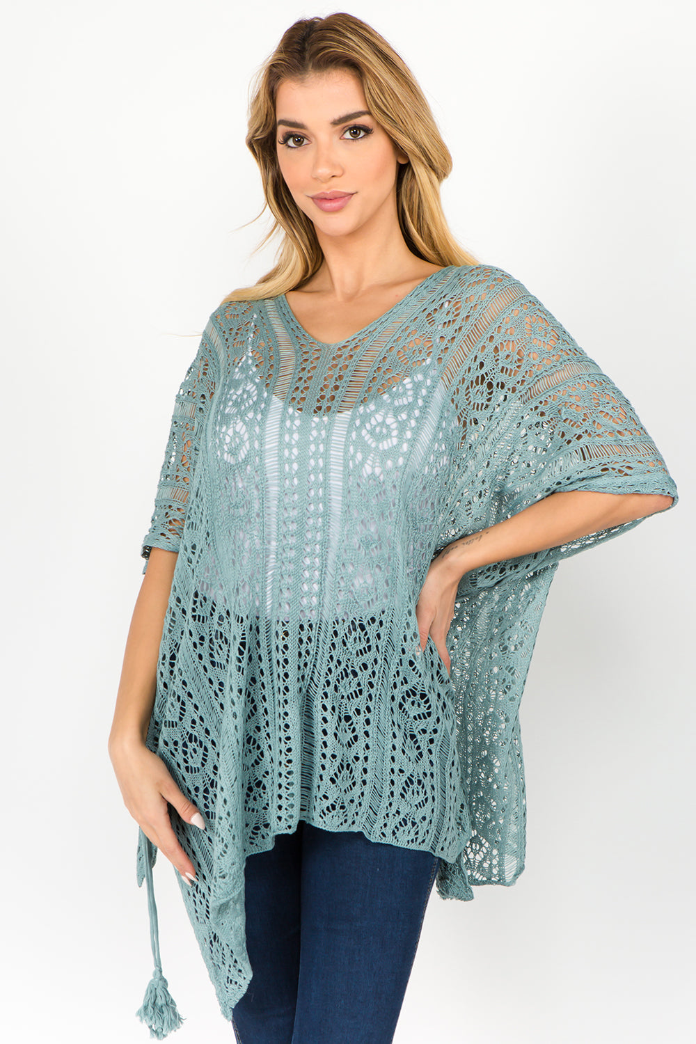 PA-1C75 Solid Color Crochet Poncho