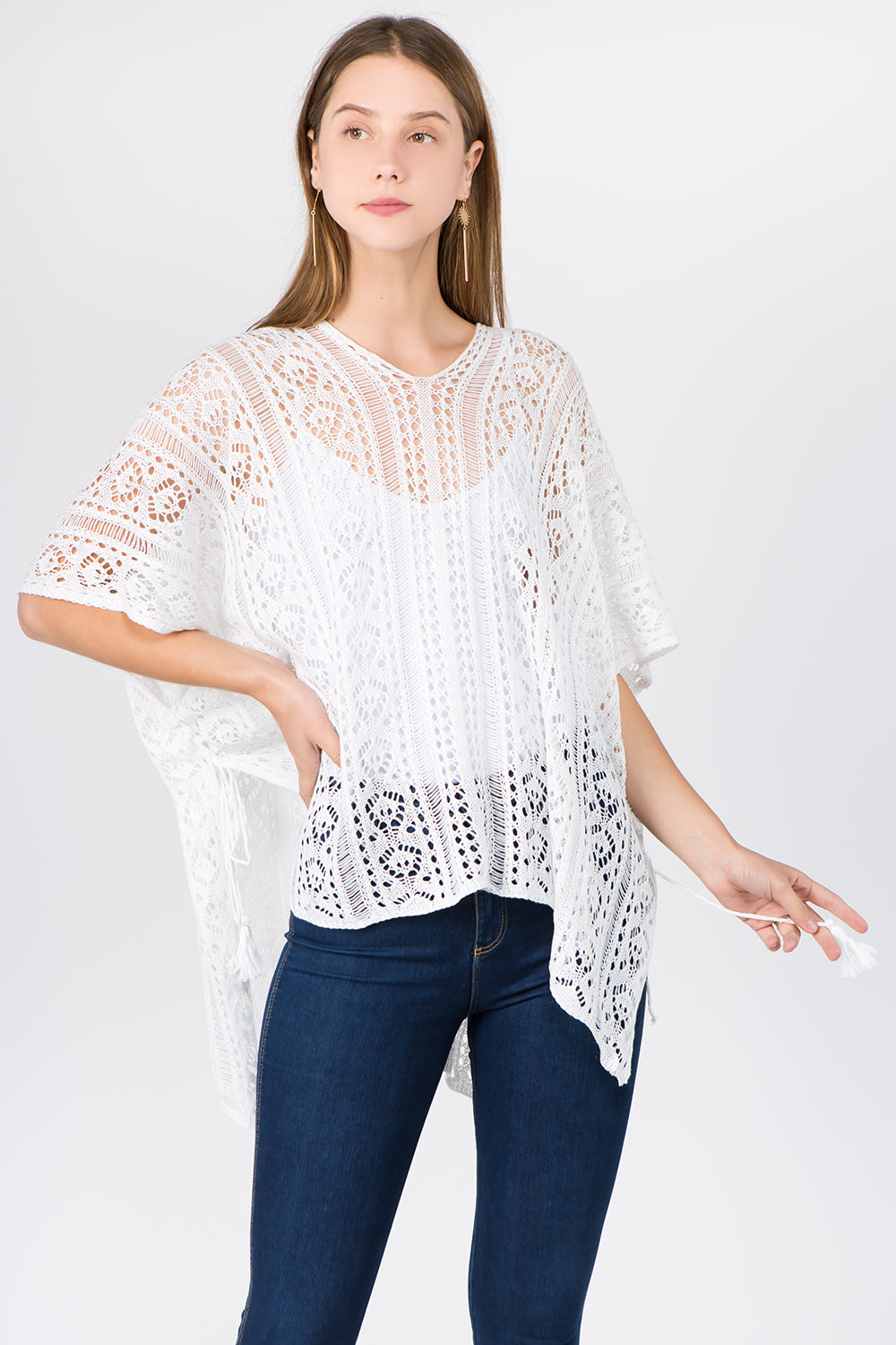 PA-1C75 Solid Color Crochet Poncho