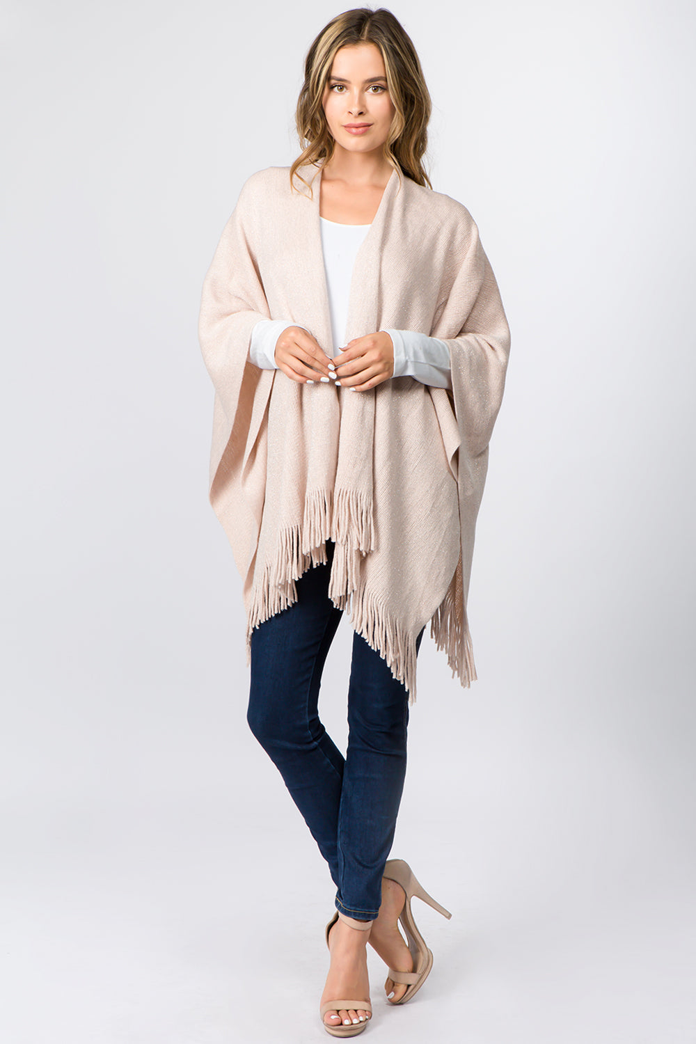 74SA31 metallic shawl with tassels