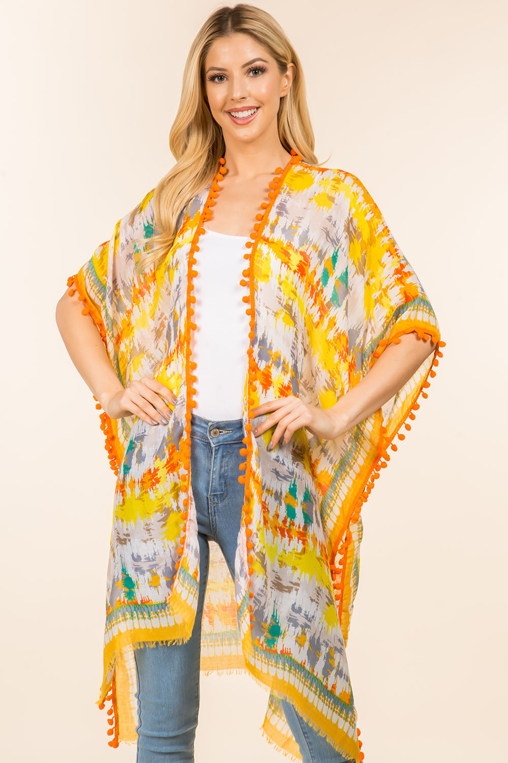 KP-0001 multi color kimono with pompom