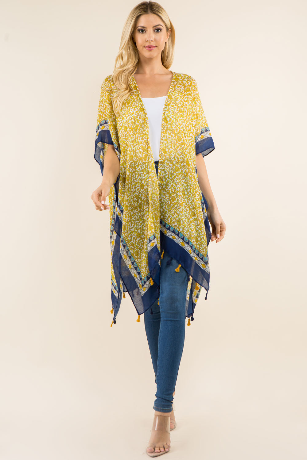 KP-3360 flower border kimono with tassels