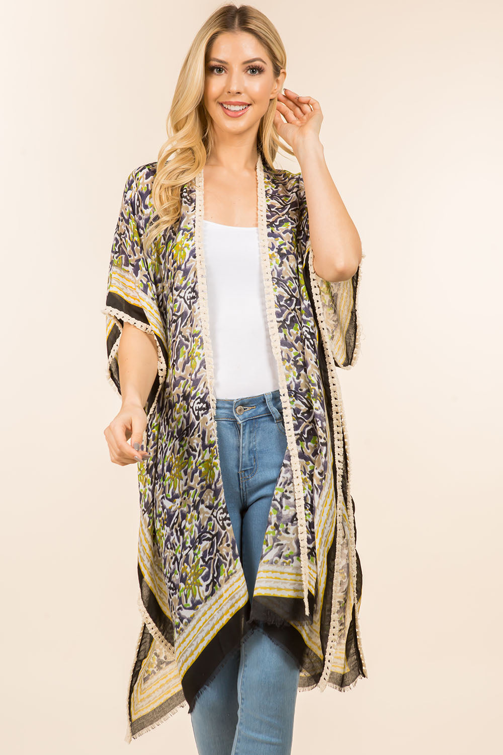 KP-4007 floral kimono with tassels